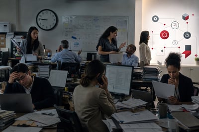 Team working looking at displays and computers in an office