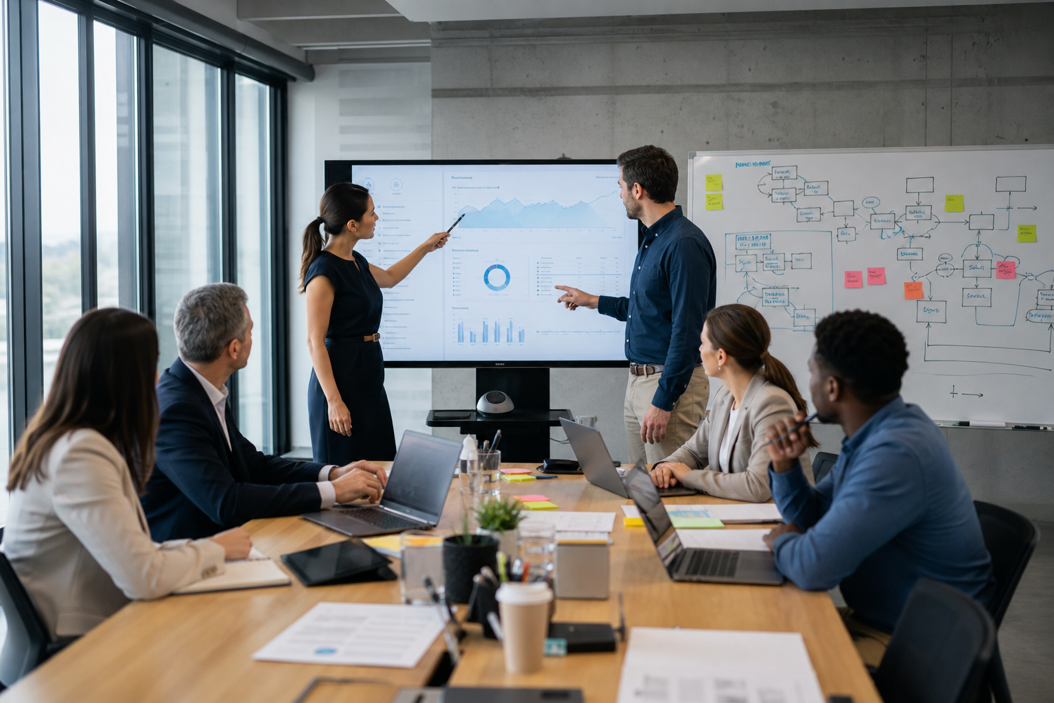 Room of professionals looking at a screen with infographics 